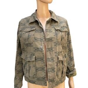 Ocean Current unisex green print jean jacket long sleeve snap button up size lg